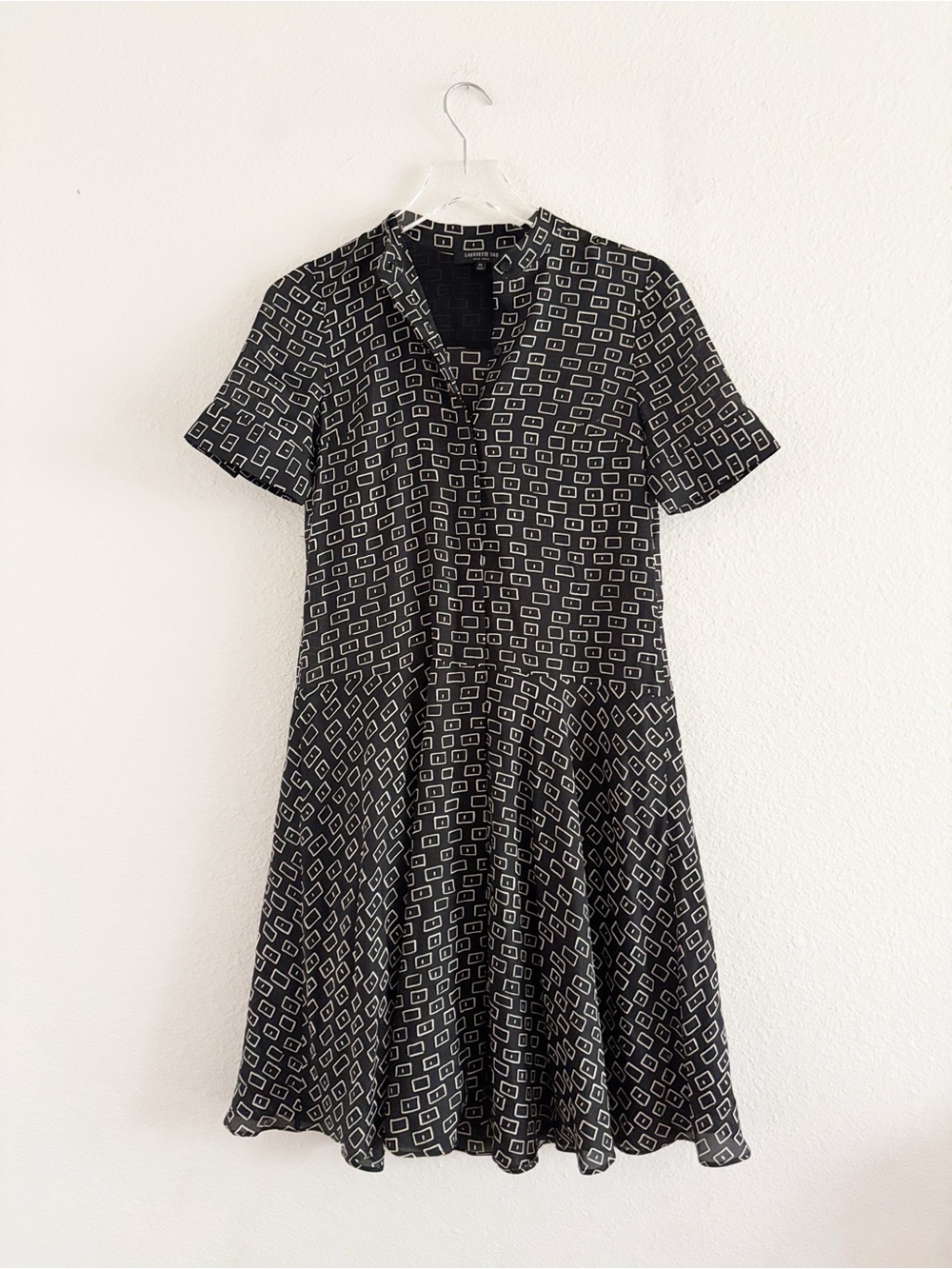 Lafayette 148 New York Black Geometric Fit & Flare Dress w Belt V Neck